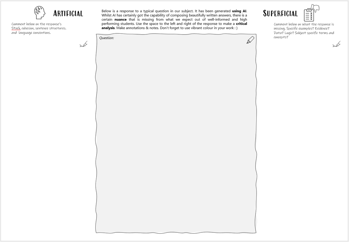 I'm still figuring out what I want to achieve out of this. Main goal...? A platform to start writing? A reminder not to submit AI? Teach how to AI cheat better? Make them better writers? Formative strategy / emphasise good writing? All of the above?
#edutwitter #historyteacher
