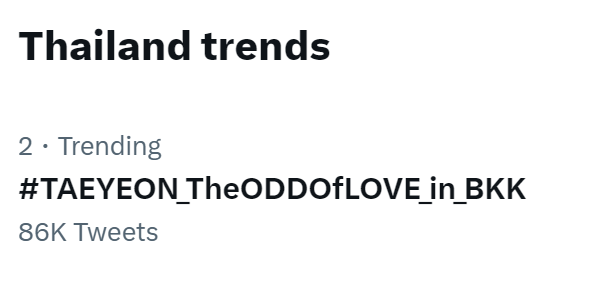 309KTYSS's tweet photo. 👑 Tickets for Taeyeon’s two-day ‘The ODD Of LOVE’ concert in Bangkok, Thailand have officially SOLD OUT 🔥

• 1st Korean Female Soloist to successfully hold a solo concert at Impact Arena, and tickets are completely SOLD OUT for both days

#TAEYEON_TheODDOfLOVE_in_BKK still trending #2 on Twitter Thailand 💜 

#태연 #แทยอน @TAEYEONsmtown
