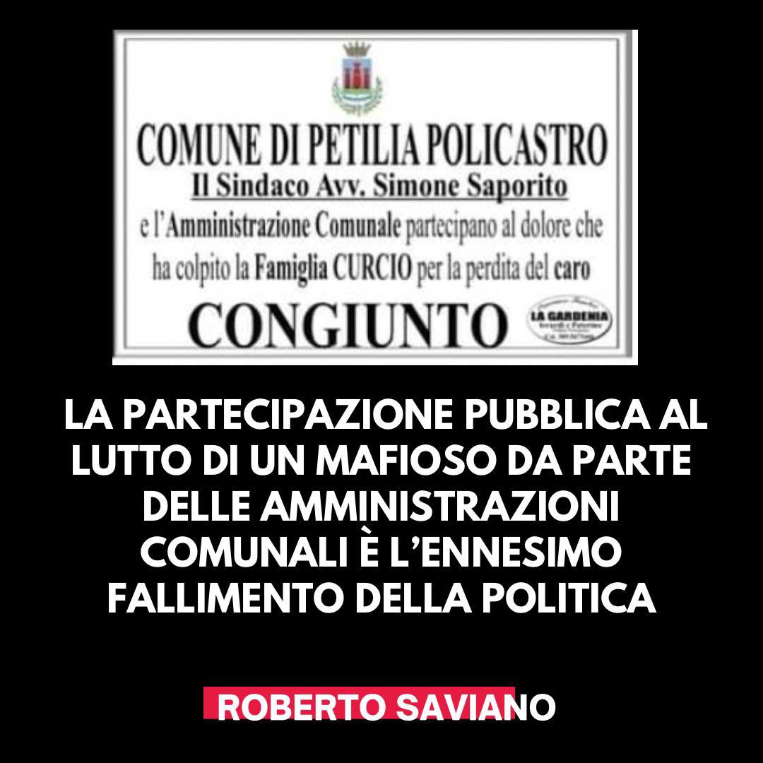 Il sindaco di Petilia Policastro (KR), Simone Saporito, tramite affissione pubblica, ha espresso la sua vicinanza e quella dell’amministrazione comunale alla famiglia  Curcio per la perdita del loro congiunto. Il congiunto deceduto a cui fa riferimento il manifesto di cordoglio è