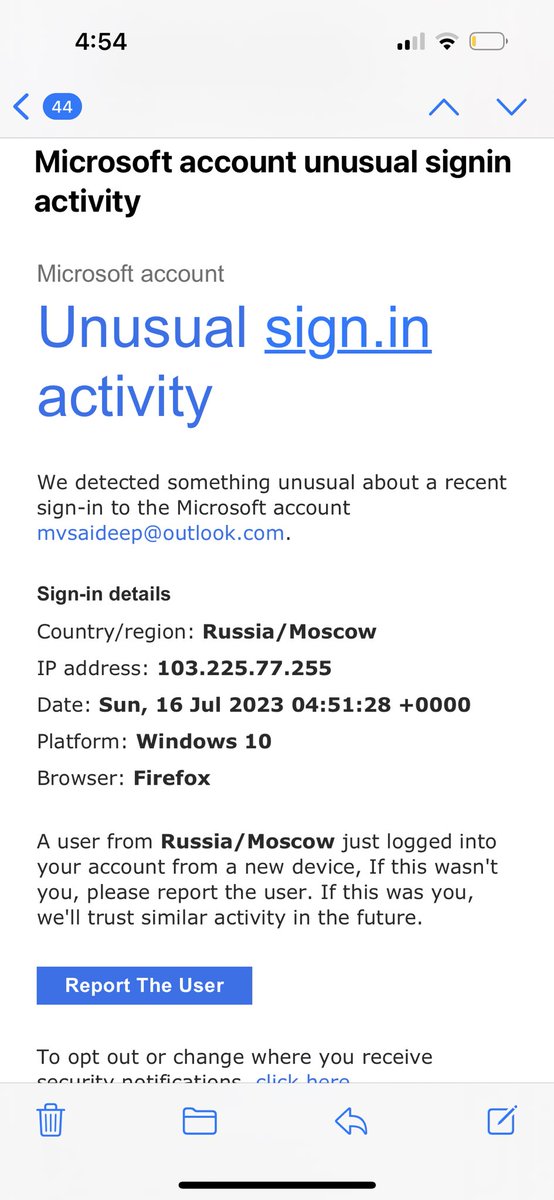 SaideepMyadam's tweet photo. Hey @MicrosoftIndia @Microsoft @satyanadella I’m constantly receiving an unshakable sign in email. I’ve changed password like 10 times and reported the user IP every time I’ve received the mail but no help. Can this be looked into? https://t.co/gT2Ux2gHiH