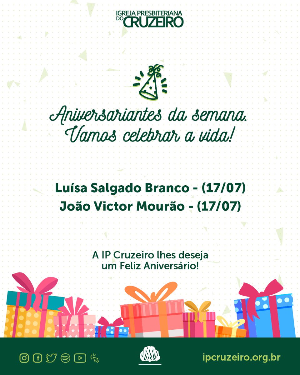 ipcruzeiro's tweet photo. A IPCruzeiro parabeniza os seus membros por mais um ano de vida, completados essa semana!

“Ensina-nos a contar os  nossos dias de tal maneira que alcancemos corações sábios” (Salmo 90.12)

#ipcruzeiro #ipc #ipb #ipconline #felizaniversário #parabéns https://t.co/HVBQXvMNbW