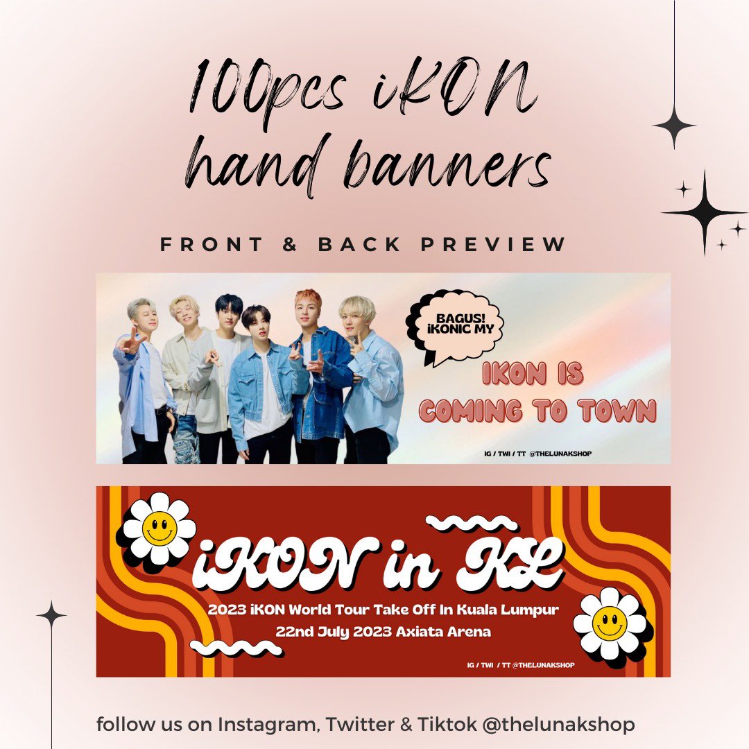 thelunakshop's tweet photo. SURPRISE 🎉
@thelunakshop is giving out 100pcs of iKON hand banners &amp; 40 sets of freebies pack on #iKONinKL concert day 🇲🇾!

come say hi!! 👋
spread the words around!! RTs are much appreciated 💗

#iKONinMY #iKON #iKONTakeOff https://t.co/tXqK8u2kk4