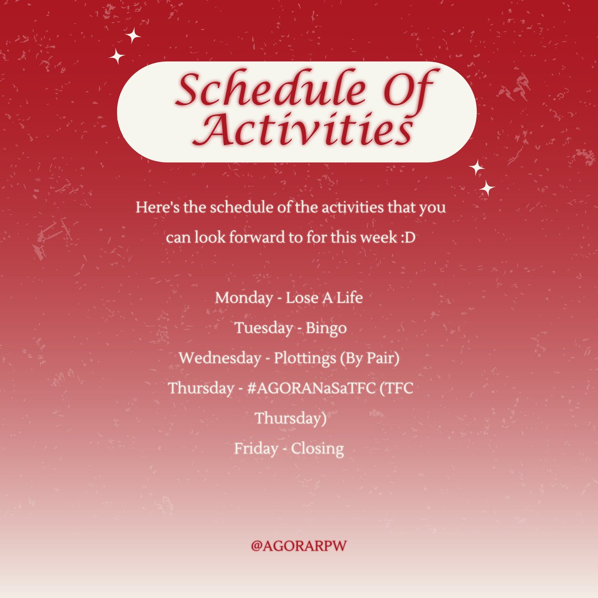 AGORARPW's tweet photo. Good evening, Associates! Here’s the list of activities you can look forward to for this week 😁 https://t.co/HgVesZwoZH