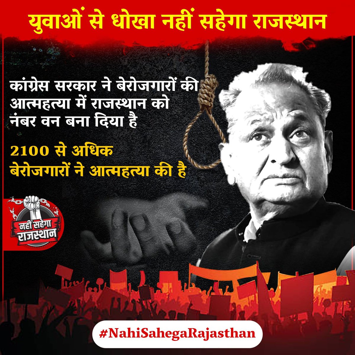 Mahendrasingh_d's tweet photo. कांग्रेस सरकार ने बेरोजगारों की आत्महत्या में रा���स्थान को नंबर वन बना दिया है।

 2100 से अधिक बेरोजगारों ने आत्महत्या की है, युवाओं से धोखा, नहीं सहेगा राजस्थान।

#NahiSahegaRajasthan https://t.co/op0orfvtr1