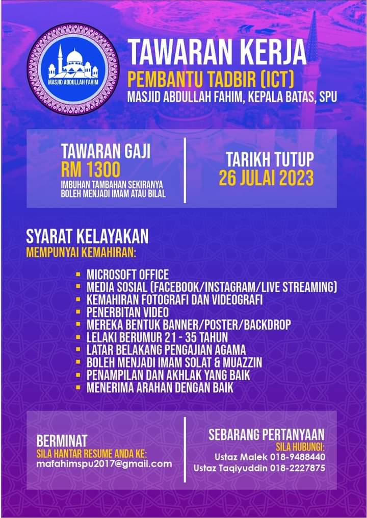 KitaPalaBataih's tweet photo. Tawaran kerja Masjid Abdullah Fahim SPU https://t.co/LZY1j29ccL