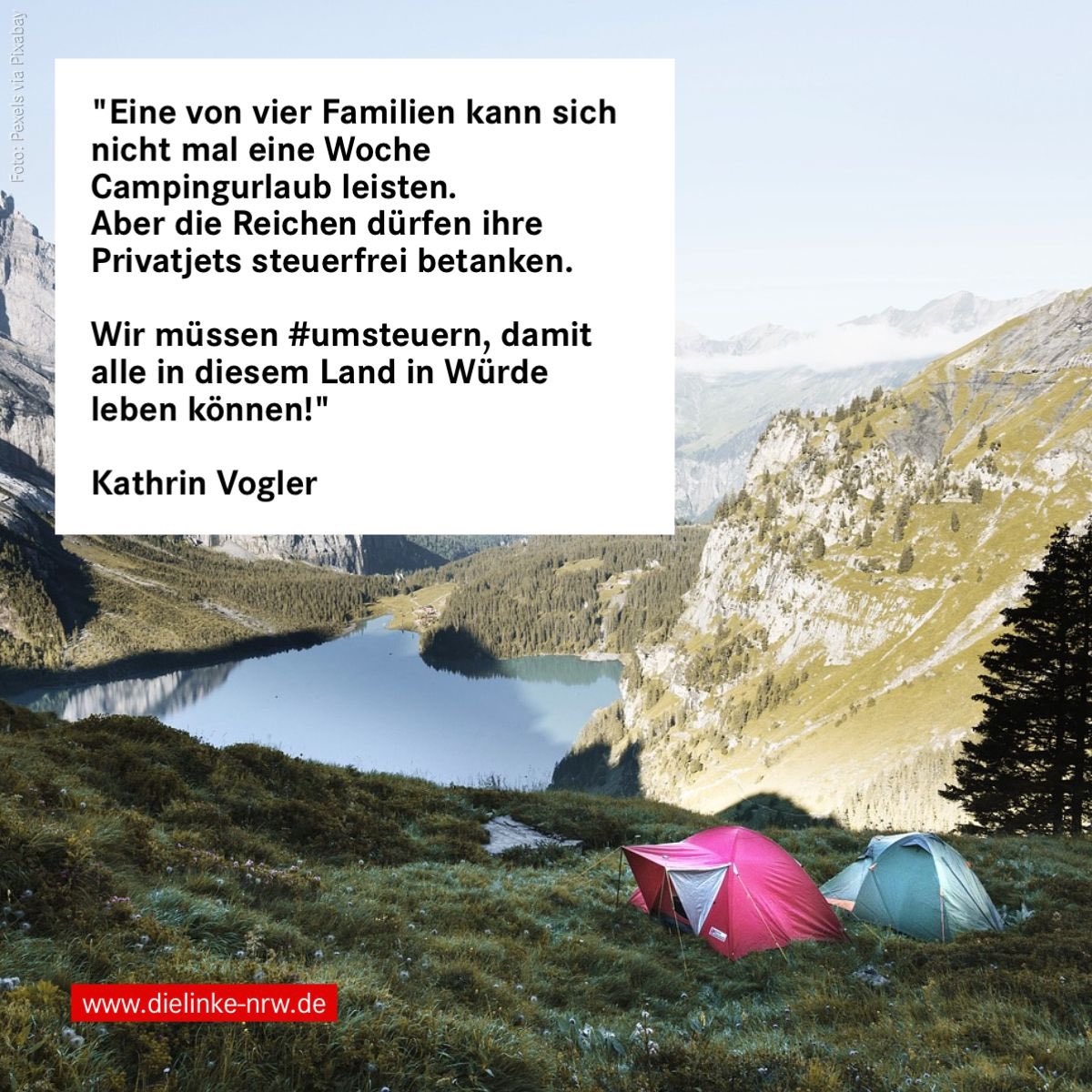 Eine von vier Familien kann sich keinen Urlaub leisten, nicht einmal eine Woche im Zelt. Gleichzeitig können Privatjets steuerfreies Flugbenzin tanken. Wir müssen #umsteuern, damit alle in Würde leben können!