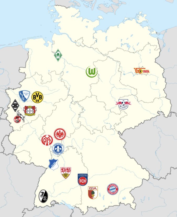 The European Football Express on X: THE MAP OF THE BUNDESLIGA 2023/24!  Werder Bremen are the most Northern team while Union are now the only side  from Berlin. North Rhine-Westphalia has five