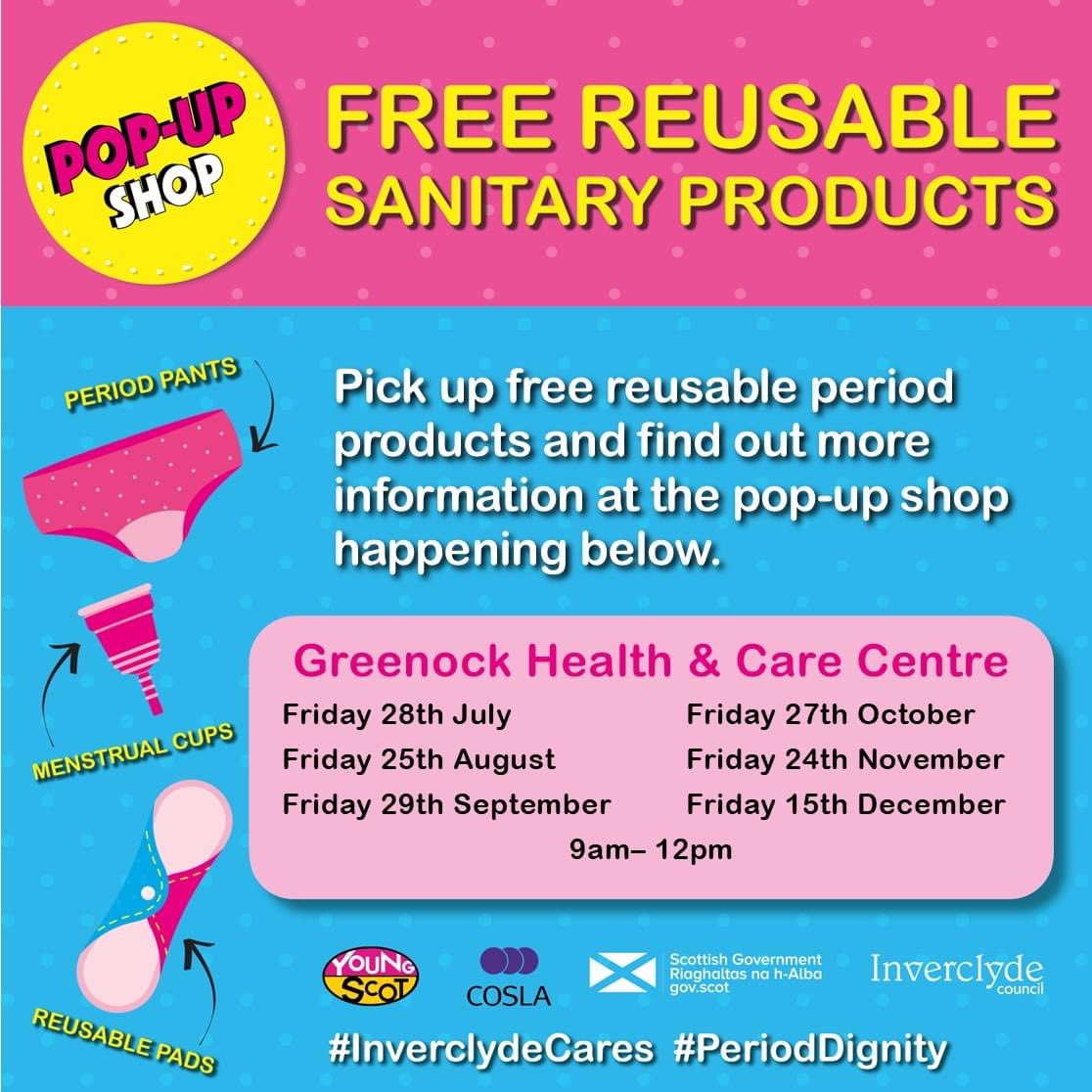 Free reusable sanitary products for Inverclyde at the pop up shop! See details for dates and times <a href="/inverclyde/">Inverclyde Council</a> <a href="/YourVoiceInver/">Your Voice Inverclyde</a> <a href="/InverclydeHSCP/">Inverclyde HSCP</a> <a href="/NHSGGC/">NHS Greater Glasgow and Clyde</a>