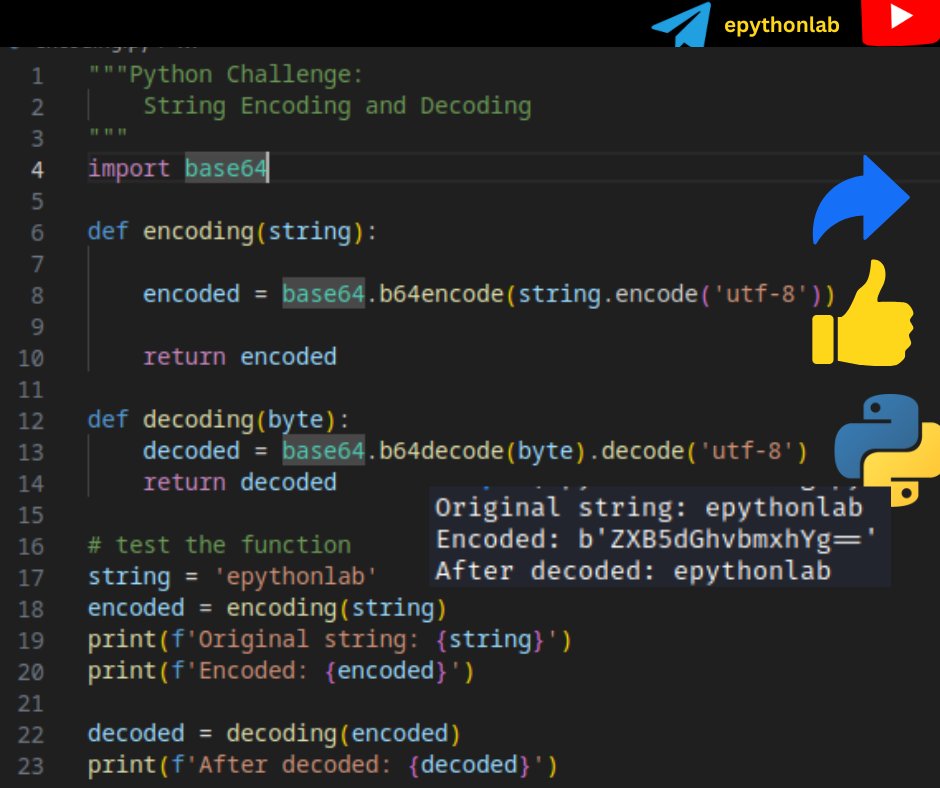 epythonlab1's tweet image. 🐍Python Challenge: String Encoding and Decoding
➕ Learn more  coding challenges
lnkd.in/dks_qmcq
✅ Join Telegram: t.me/epythonlab/
#epythonlab #python #pythontricks #pythonchallenge #100daysofcodechallenge