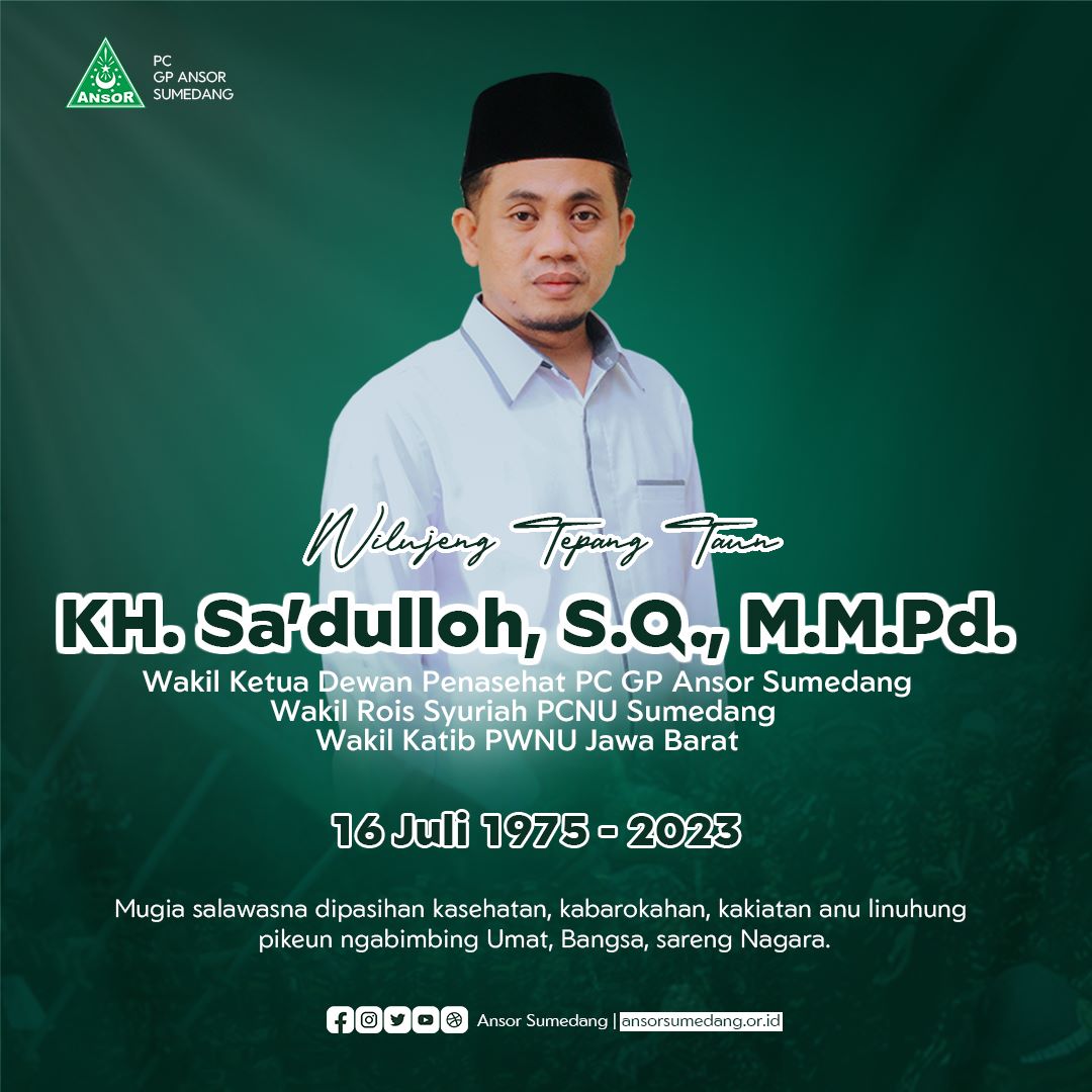 ansor_sumedang's tweet photo. Barokalloh.. Wilujeng tepang taun Kang Haji Sa'dulloh⁩. Mugia salawasna dipasihan kasehatan, kabarokahan, kakiatan anu linuhung pikeun ngabimbing Umat, Bangsa, sareng Nagara. https://t.co/fi1b43bipk