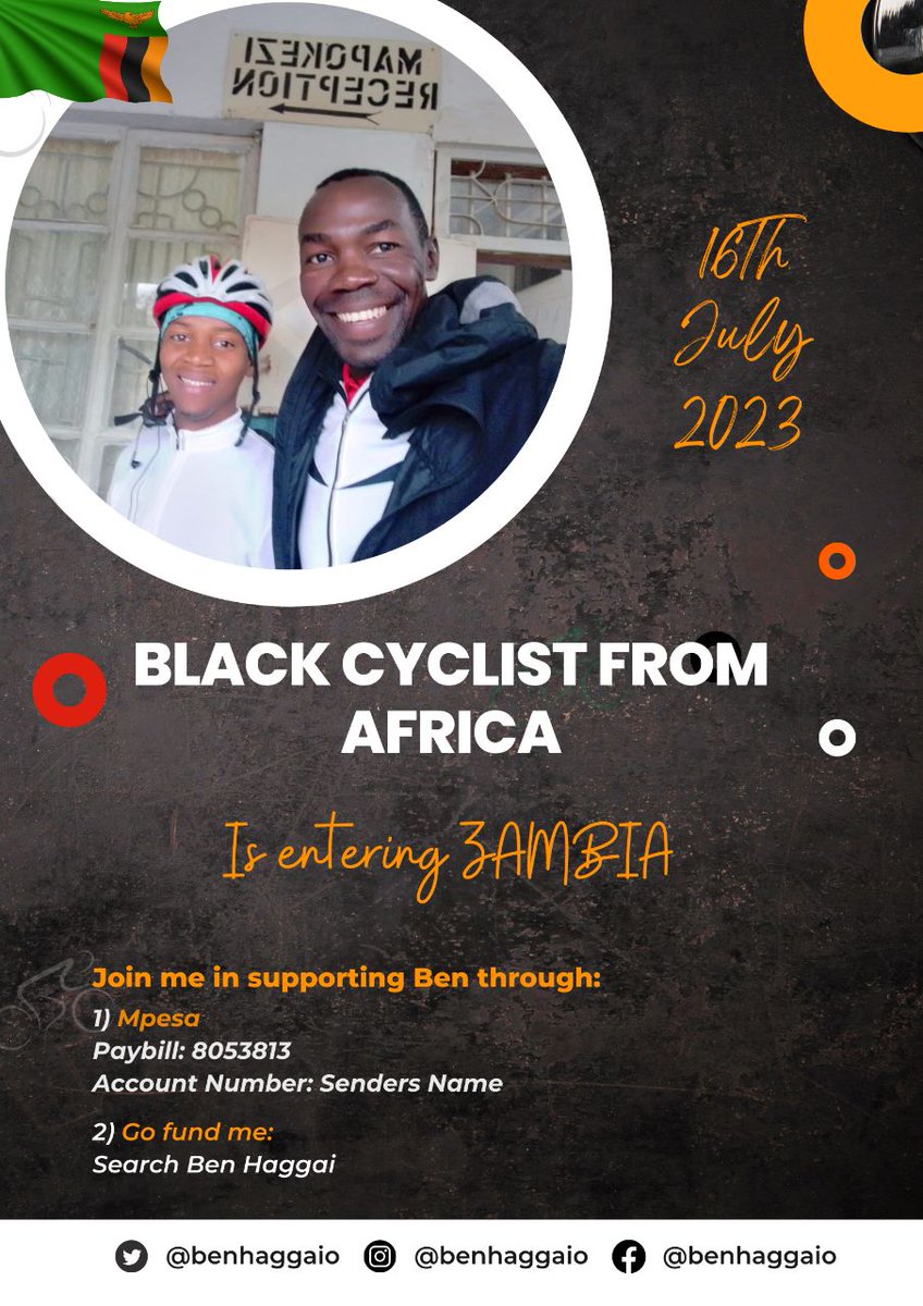 benhaggaio's tweet photo. Good morning Tweeps, today I am into country No. 6 #Zambia. I have made it here through your support and I thank you all. I will document the #RoadSafety awareness soon.  Help me sponsor youth into the GHC leadership program. #Zambia  Oiyeee @ecc310 @CriticalMassNbi @MamaCycling https://t.co/yuq5B58D1N