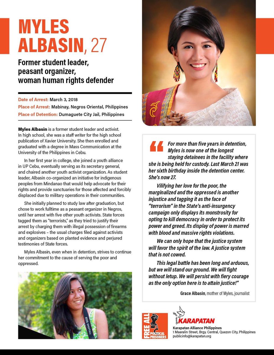 karapatan's tweet image. As the global commmunity commemorates Nelson Mandela int’l day on July 18, Karapatan puts a spotlight on the political prisoners in the Philippines. Among those unjustly detained is youth activist Myles Albasin. 

#FreeMyles
#FreeAllPoliticalPrisonersPH
#SetThemFree
