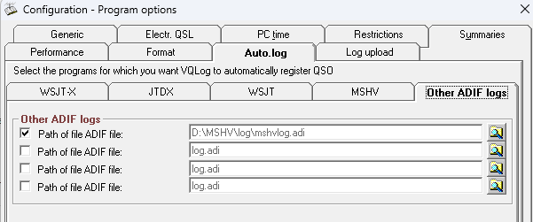 VQLog's tweet photo. Due to a change that MSHV has made in the propietary format of its EDIM log file, the automatic log update is no longer working. If you have this issue you will have to configure VQLog to use the mshvlog.adi file instead, in "Other ADIF logs". https://t.co/2IdfSfh74j