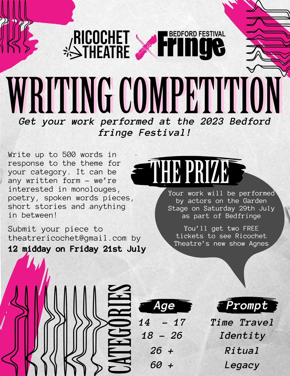 Ella McKeown (@eloisemckeown) on Twitter photo Are there any #bedford #luton #bedfordshire writers out there interested in getting involved with a writing competition this summer?
<a href="/ricochetheatre/">Ricochet Theatre</a> have a #writing #opportunity open to everyone no matter your writing experienced or preferred writing form Are there any #bedford #luton #bedfordshire writers out there interested in getting involved with a writing competition this summer?
<a href="/ricochetheatre/">Ricochet Theatre</a> have a #writing #opportunity open to everyone no matter your writing experienced or preferred writing form