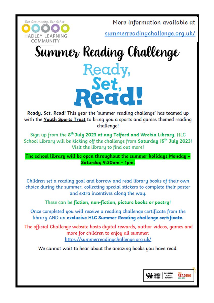 The Summer Reading Challenge has begun! We hope to see lots of you signing up this summer! Our HLC Library will also be taking part, and open daily 9:30am - 1pm! <a href="/HLC_Primary/">HLC_Primary</a> <a href="/readingagency/">The Reading Agency</a> <a href="/telfordlibs/">Telford & Wrekin Libraries</a> #readysetread!
