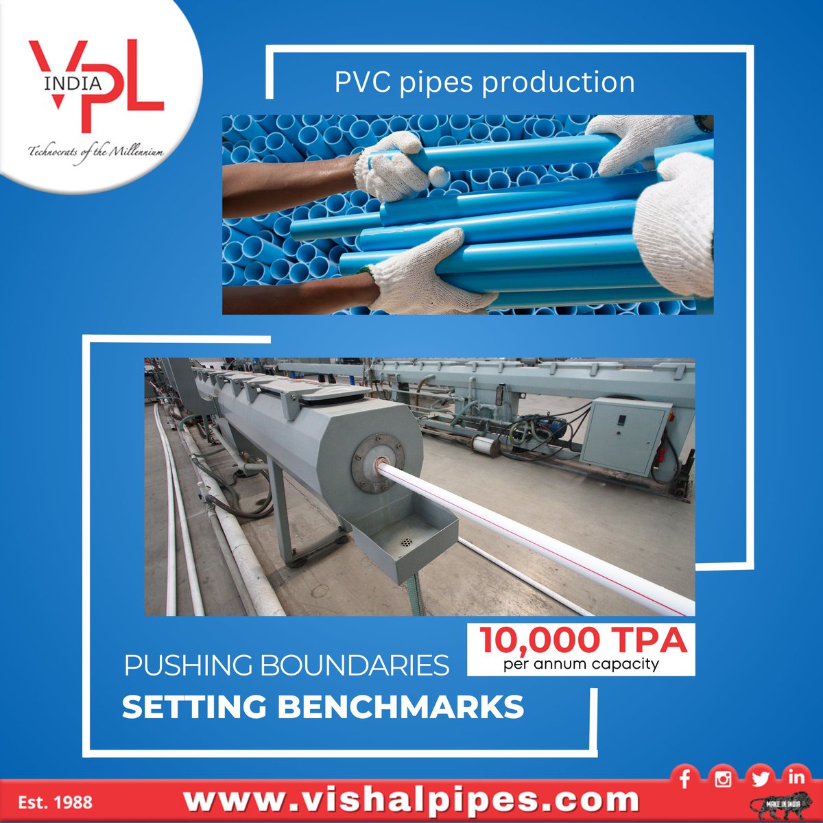 VishalPipes's tweet image. Revolutionizing PVC Pipe Production: Unleashing 10,000 TPA Capacity to Set New Benchmarks.
#PVCRevolution #NewBenchmarks #PipeProduction #InnovationUnleashed #10kTPA #SettingTheStandard #FutureOfPipes #ScalableCapacity #IndustryLeaders #TransformingManufacturing