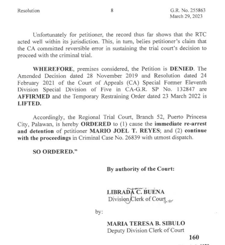 mikenavallo's tweet photo. The Supreme Court orders Puerto Princesa, Palawan RTC to cause the re-arrest of former Palawan Gov. Mario Joel Reyes over his involvement in the killing of environmentalist and broadcaster Dr. Gerry Ortega in 2011.
RTC also directed to proceed with murder case. https://t.co/QDze4DdYFd