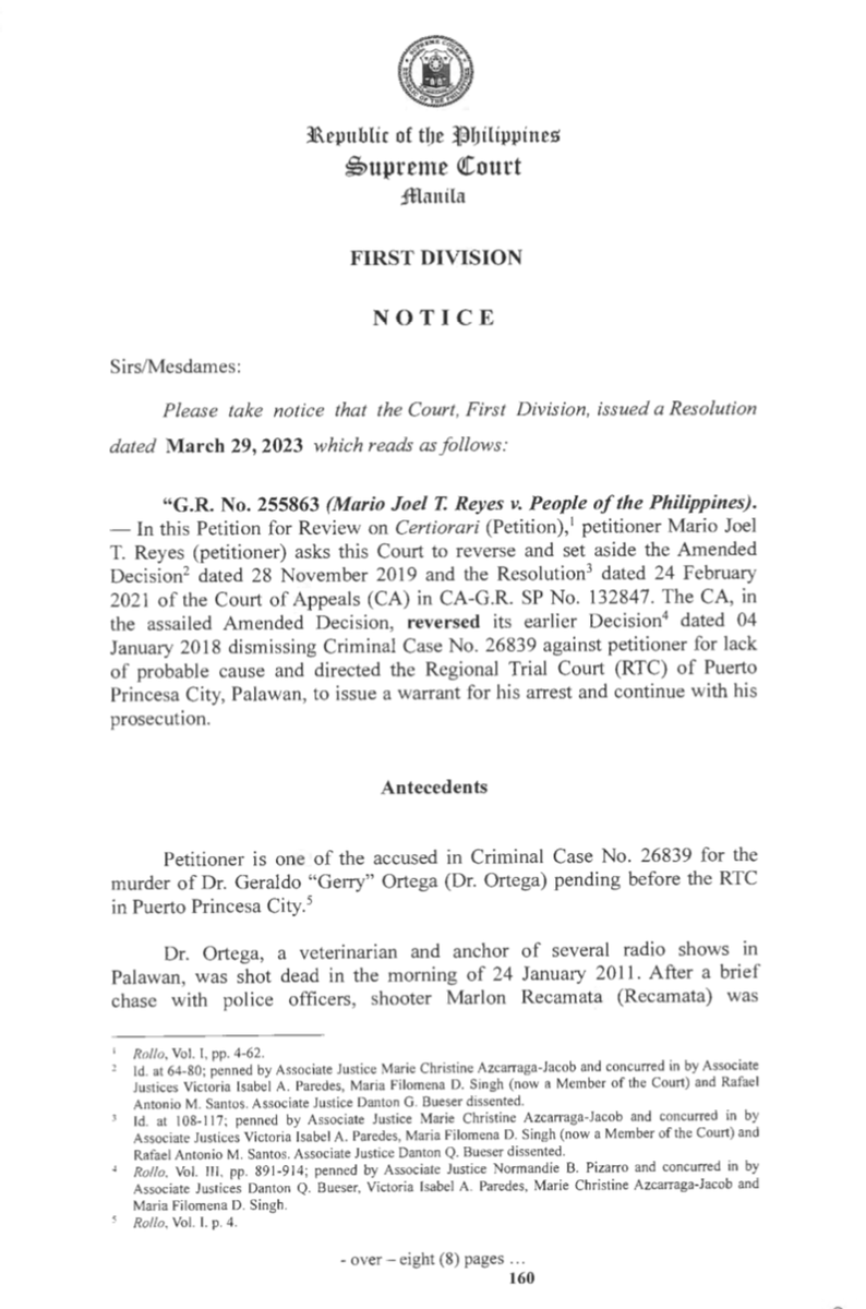 mikenavallo's tweet photo. The Supreme Court orders Puerto Princesa, Palawan RTC to cause the re-arrest of former Palawan Gov. Mario Joel Reyes over his involvement in the killing of environmentalist and broadcaster Dr. Gerry Ortega in 2011.
RTC also directed to proceed with murder case. https://t.co/QDze4DdYFd