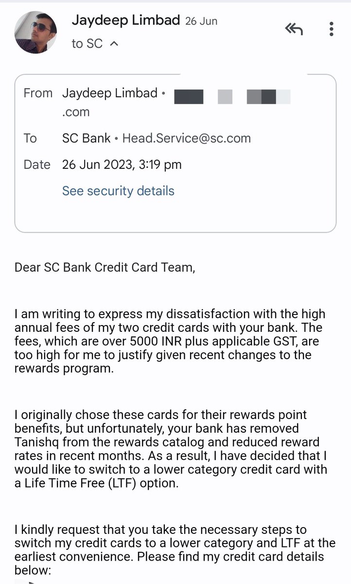 jaydeeplimbad90's tweet image. I emailed the head of your card department on June 26, 2023, but my issue remains unresolved.  #CustomerServiceFail #SCBank #UnresolvedIssue
@StanChartHelpIN