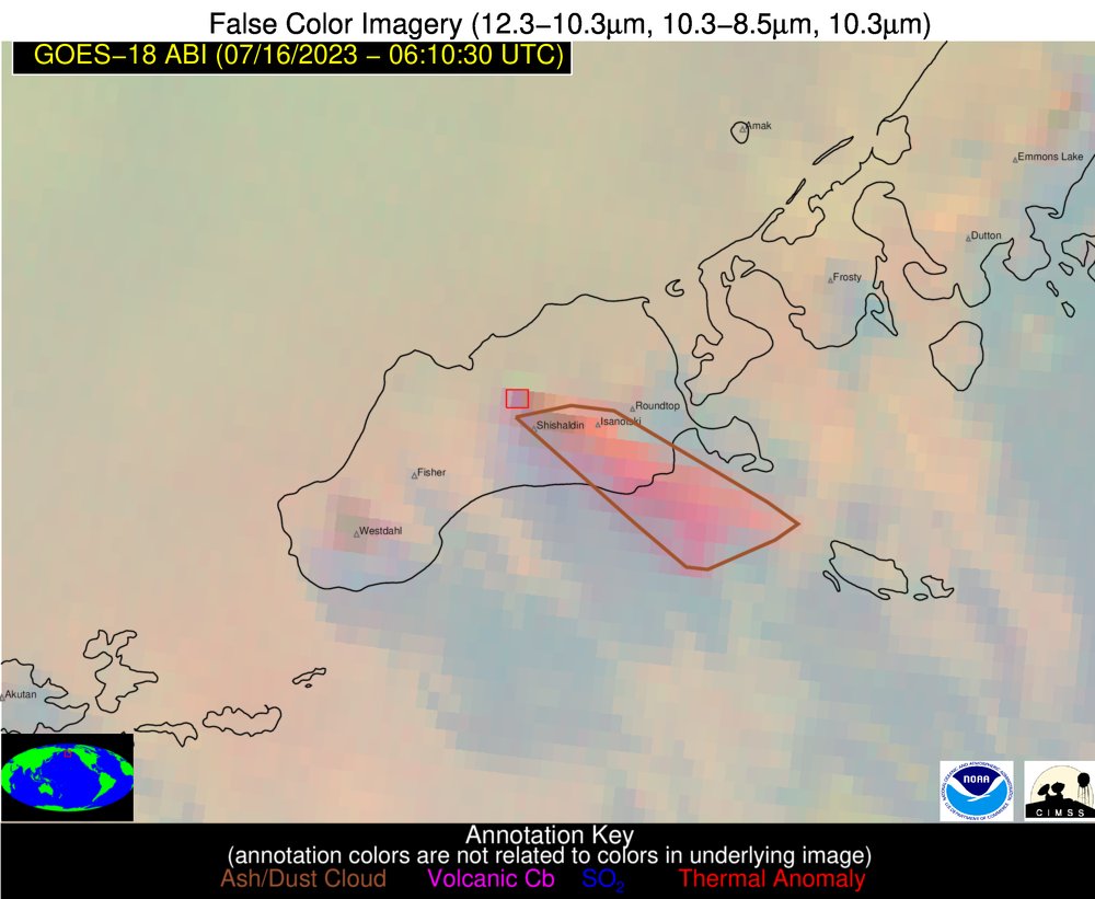 #Shishaldin Aviation Color Code RED
 Issued: Saturday, July 15, 2023, 11:57 PM AKDT
 The explosive eruption of Shishaldin Volcano is continuing. A continuous ash plume now extends over 80 mi (125 km) to the SSE from the volcano with an altitude of about 16,000 ft (4.9 km) asl 1/