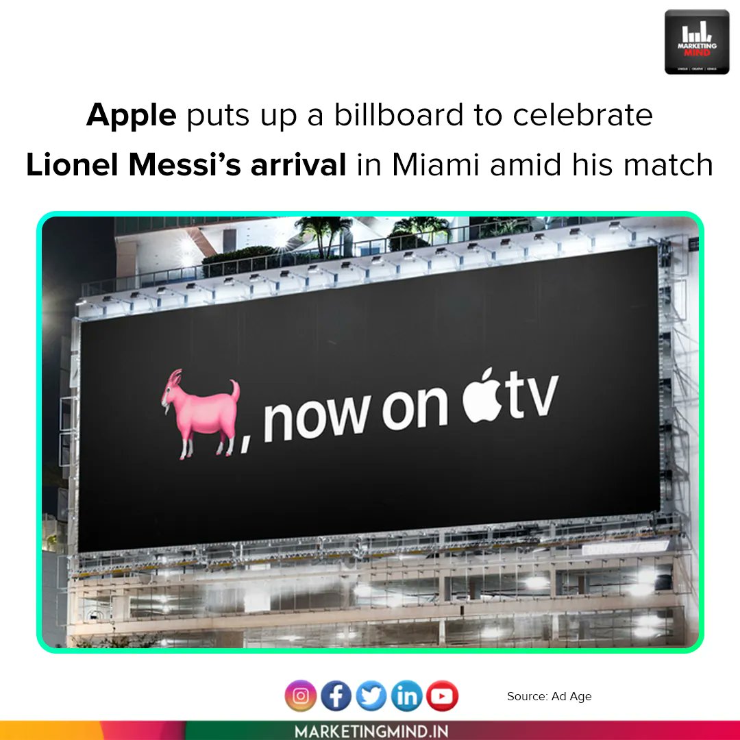 MarketingMind_'s tweet photo. Apple recently signed a $2.5 billion deal to stream Major League Soccer matches on Apple TV. As a result, the billboard features the Apple TV logo and a pink goat emoji, a reference to Messi as the G.O.A.T.
#MarketingMind #CreativeBillboards #Apple #LionelMessi https://t.co/ymYSJwPNHj