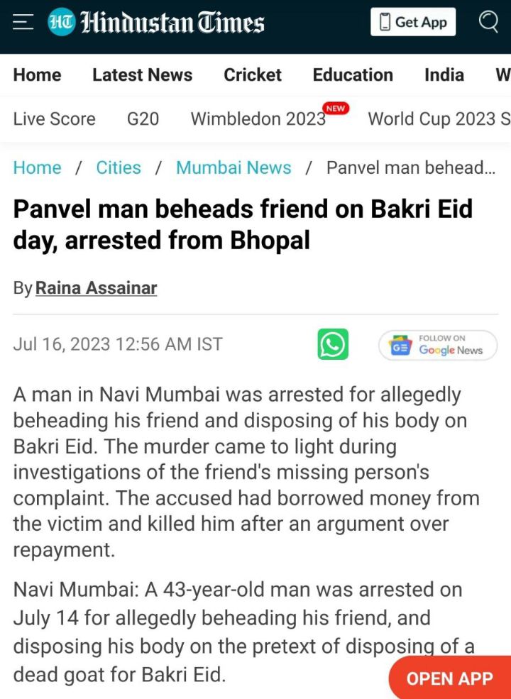 Navi Mumbai: On the holy occasion of #BakriEid, Mohammed Aslam Hashmad was BEHEADED by his friend Shafiq Ali Haider in Panvel.

Police sources said Haider then stuffed the head in one polythene bag and the rest of the body in another. 

He borrowed a bike from a