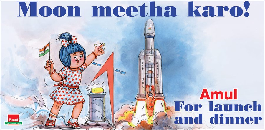 Dipal's tweet photo. Bravo #Amul, brilliant tagline on successful launch of #Chandrayaan3 #ISR0 🚀
@Amul_Coop, i think, tagline on 23-Aug #MoonLanding day 🌕 should read "tu CHEESE badi hai mast"
@akshaykumar @TandonRaveena
#40Days
#Chandrayaan3Launch
#Chandrayaan3Landing
#Chandrayaan
#Chandrayan https://t.co/USQ9N26UDn