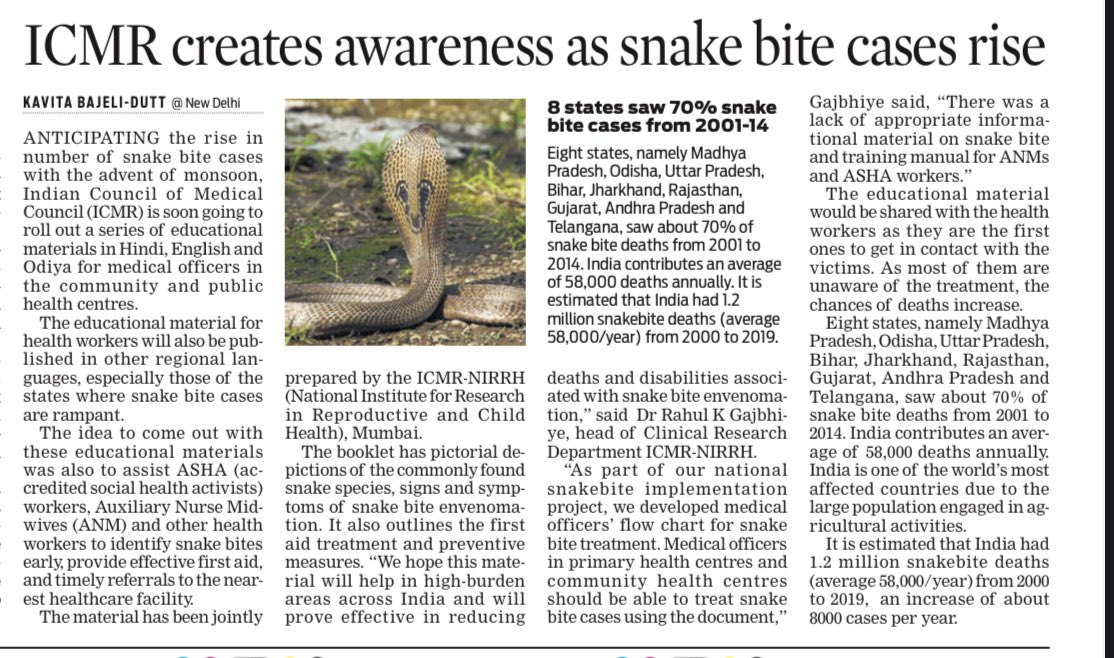 #Monsoon fury: #ICMR to issue #snake #bite cure #guidelines for #health #workers as cases rise with the advent of monsoon 

<a href="/NewIndianXpress/">The New Indian Express</a> <a href="/Sunday_Standard/">The Sunday Standard</a> <a href="/mansukhmandviya/">Dr Mansukh Mandaviya</a> <a href="/OfficeOf_MM/">Office of Dr Mansukh Mandaviya</a> <a href="/MoHFW_INDIA/">Ministry of Health</a> <a href="/ICMRDELHI/">ICMR</a> <a href="/icmrnirrch/">ICMR-NIRRCH</a> <a href="/DrRahulGajbhiye/">Dr Rahul Gajbhiye</a>