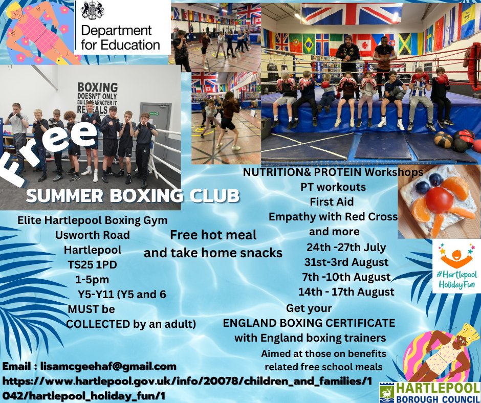 LisaMcG74208646's tweet photo. Tomorrow morning ANY #hartlepool resident can book for our #freeboxing this summer. Train with  @JoeMaphosa  Share with schools #haf2023
https://t.co/eZuMPWVbw0
@GaryAPhilipson  @EMS_Hartlepool @NETManorAcademy @JonathanBrash @Food_Foundation https://t.co/ACwyag8dVW