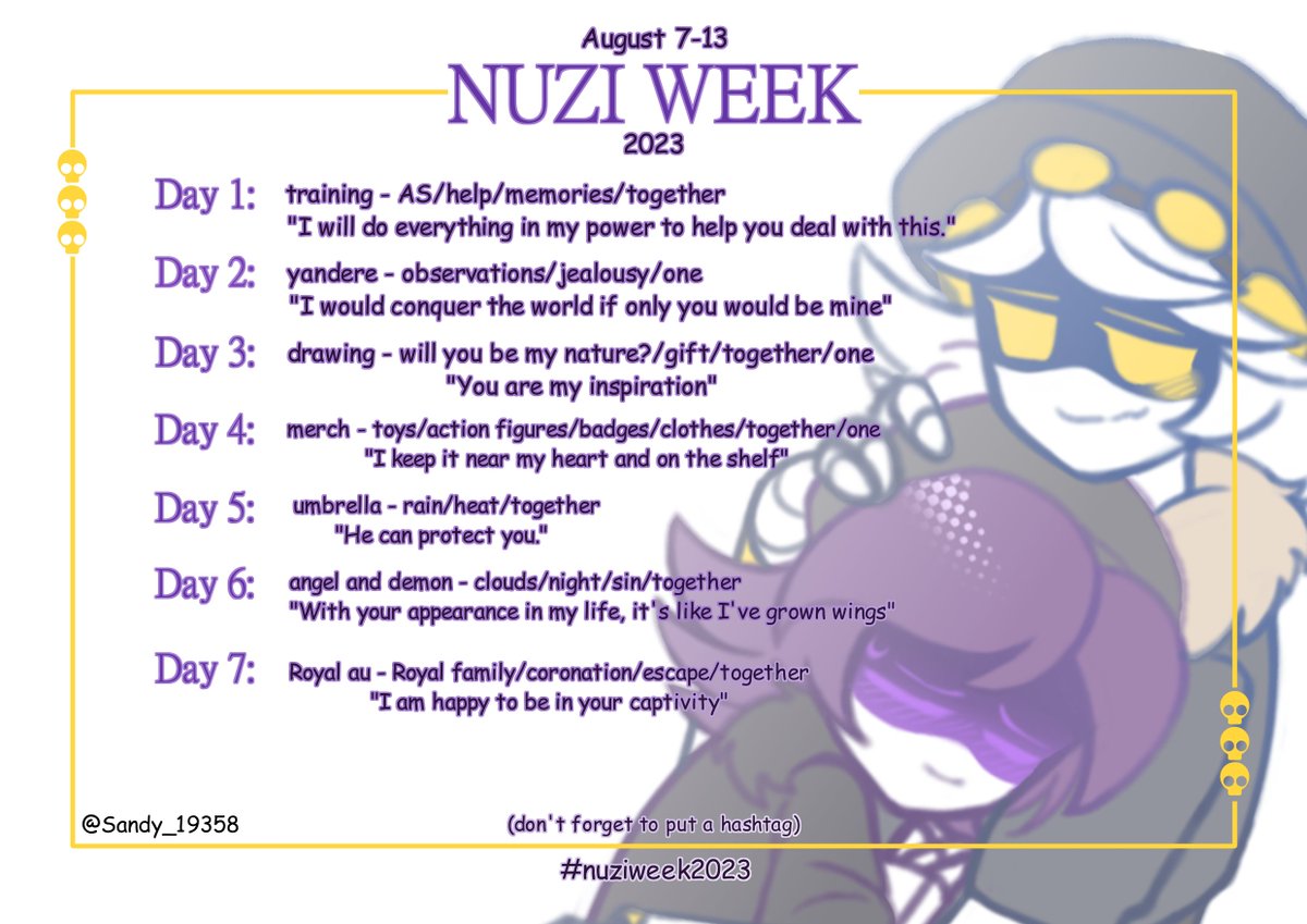 Sandy_19358's tweet photo. PLEASE SPREAD THIS :) 
the themes for our couple's week are ready. Everyone can take part in this event! you can recreate each theme in your own way and not fully match it. Get inspired and create! I wish you all good luck
#nuziweek2023 #nuzi #n #uzi https://t.co/Hw91N6qeNu