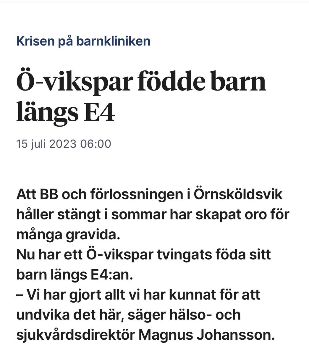 Så här är det i Ångermanland numera.  Ingen förlossningsklinik.
Region (landstinget) Västernorrland, det illa beryktade, vill inte ta emot statsbidrag för att öppna Sollefteå BB igen och BB i Örnsköldsvik har sommarstängt.
#svpol  <a href="/AckoAnkarberg/">Acko Ankarberg J</a>