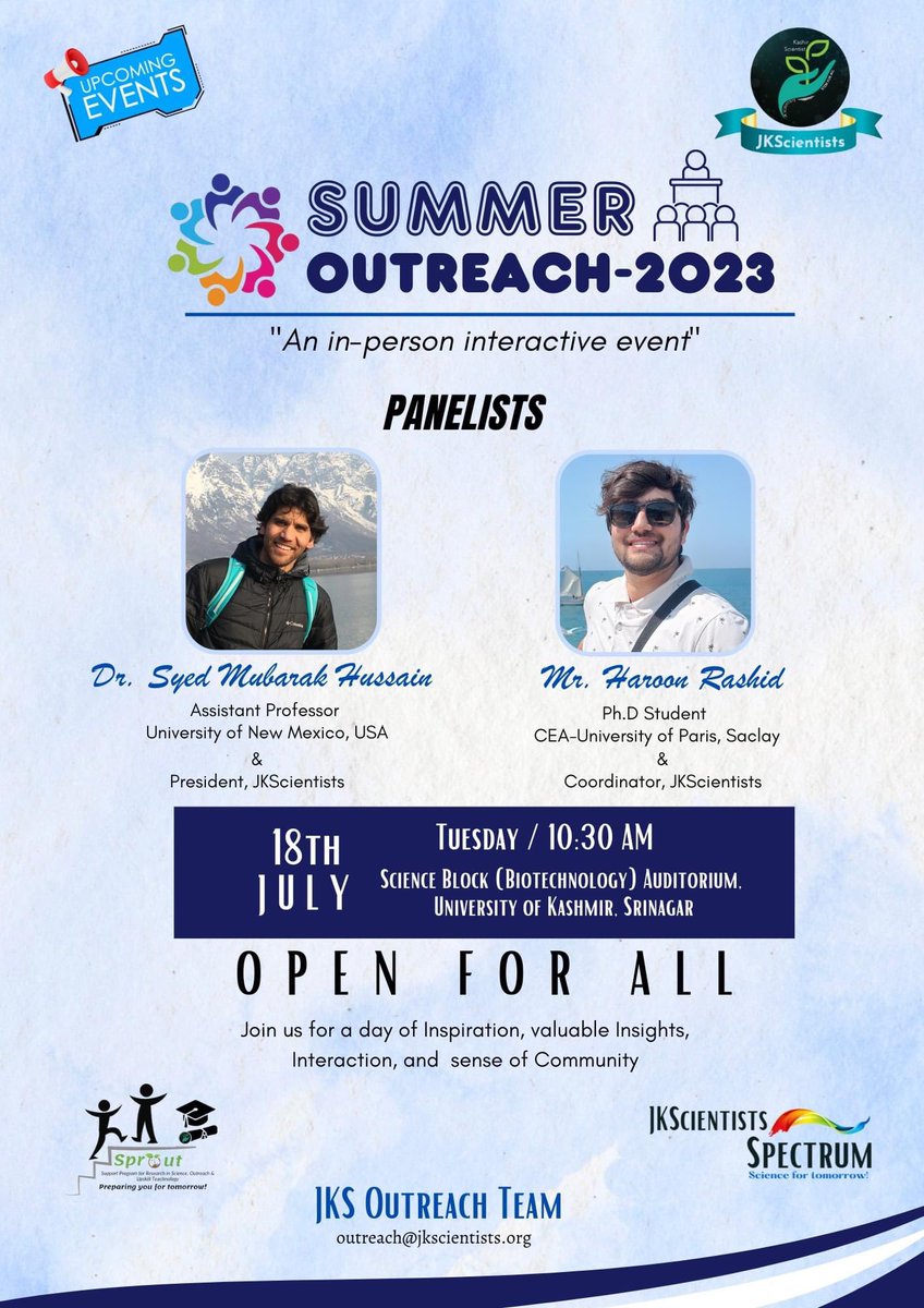 jkscientists's tweet photo. Join us for in-person Summer Outreach Event! 
Connect with panelists, network and be inspired by our exceptional mentees. Gain insights into mentorship and practical techniques for biology. Don’t miss this opportunity. 
Date: July, 18th 2023. Time: 10:30 AM. https://t.co/RK5NcfPi7Y