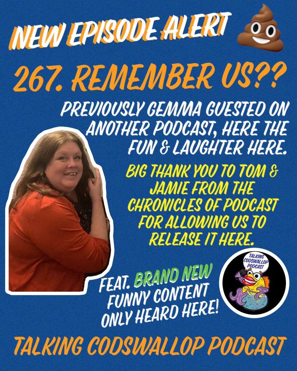 NEW EPISODE ALERT. 

267 Remember Us?? 

This weeks episode features: 

😆Funny Story 
😆Gemma Done Fuck Up 
😆& a previously recorded interview when Gemma join Tom & Jamie on their podcast. @TCOPod 

Tune in for some belly laughs. #podcast #Laugh #comedy