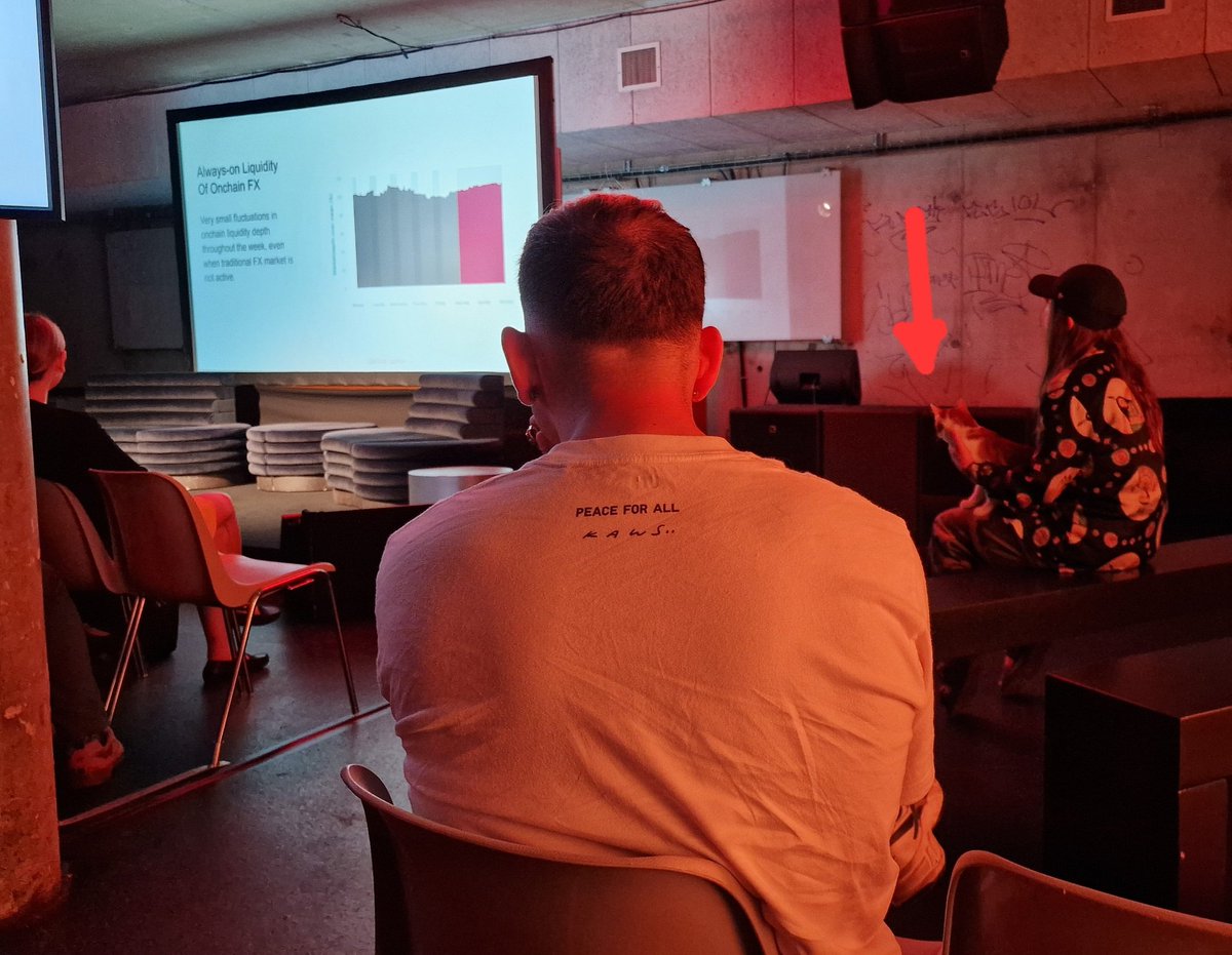 Cool talk from @xin__wan from @Uniswap on on-chain FX during the @stable_summit. Even a 🐈 is watching it.