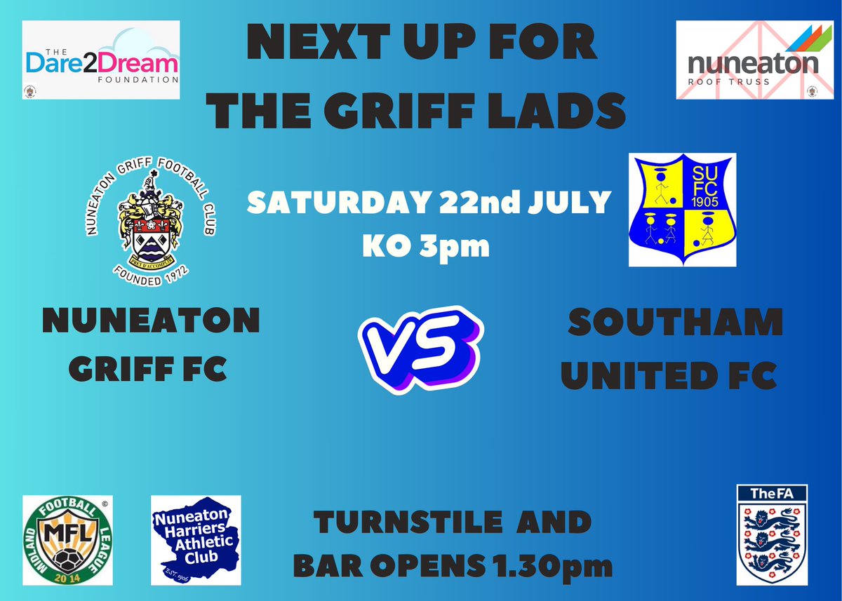 After a good performance at Atherstone yesterday, next up for Mitch and the Lads is there home debut as we welcome Southam Utd Fc to the Pingles Stadium the turnstiles and bar opens at 1.30pm kick off is 3pm, get down and support the lads and the club 
Admin  £5 Concessions £3