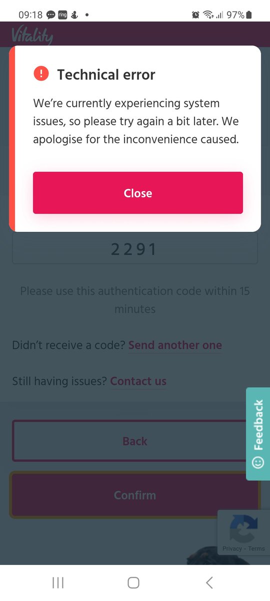 Revz2000's tweet photo. @Vitality_UK This has been the same.error message for the last 2 days https://t.co/rCf2whrr6h