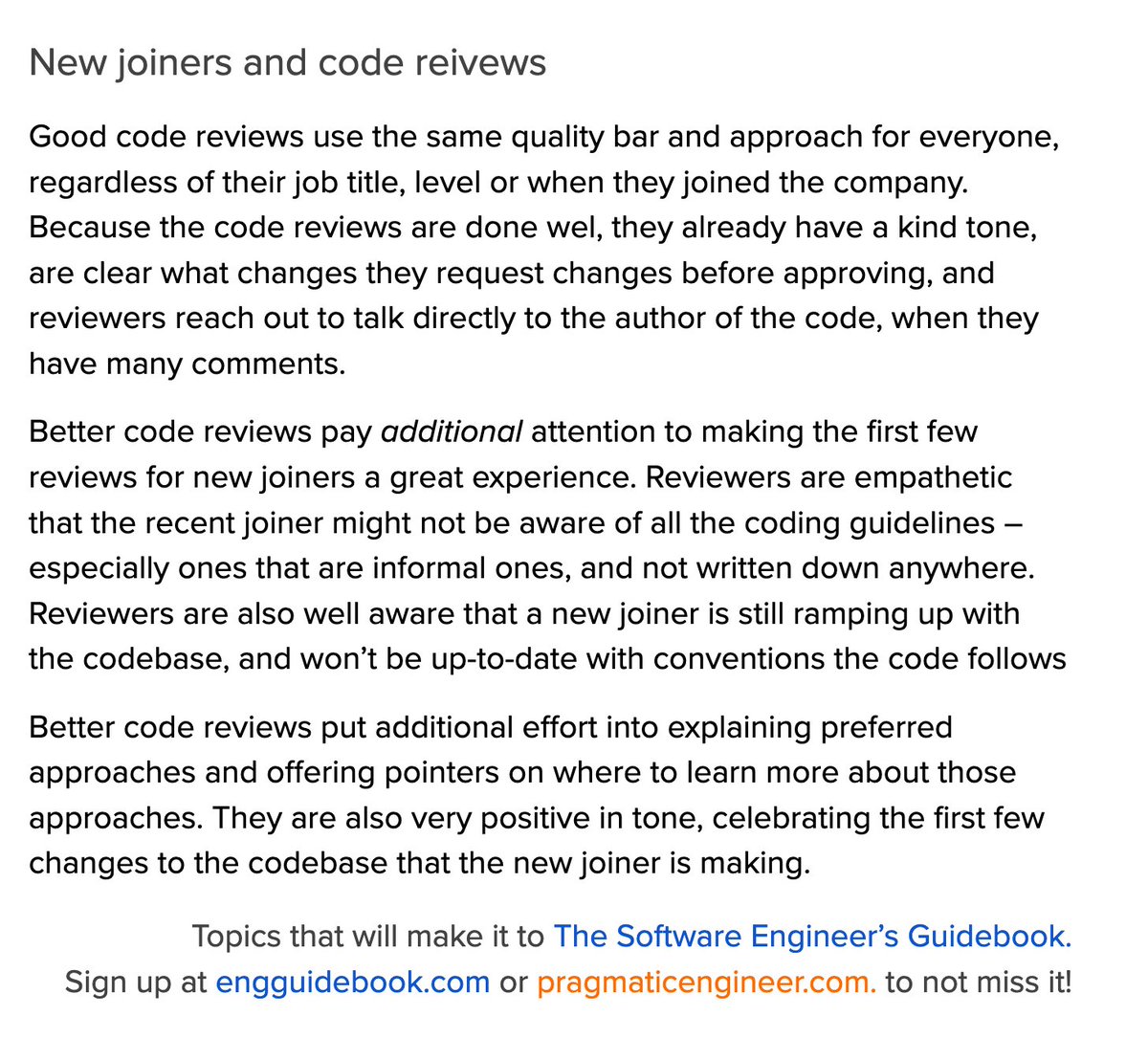Teams with a high quality bar for code reviews are great places to grow professionally.

But this same high quality bar can feel intimidating when being a recent joiner. Empathetic engineers pay additional attention for new joiners when doing the first few code reviews: