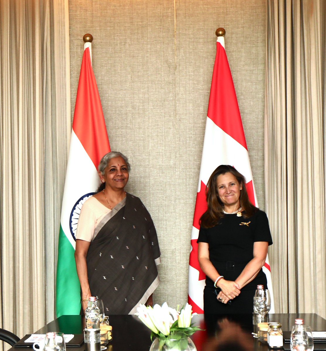 FinMinIndia's tweet photo. Union Finance Minister Smt. @nsitharaman and Canadian Deputy Prime Minister and Minister of Finance Ms Chrystia Freeland @cafreeland met on the sidelines of the 3rd G20 Finance Ministers and Central Bank Governors #G20FMCBG meeting in Gandhinagar, Gujarat, today.

Building on the strong and time-tested relationship between the two sides, the Ministers discussed continued constructive participation in building consensus on the #G20 #FinanceTrack work streams in light of the July #G20FMCBG meeting and the summit. 

The two Ministers also discussed the progress being made on the ongoing various trade-related negotiations between India and Canada.

Ms @cafreeland said that Canadian Pension Funds would be keen to explore investing in Indian Infrastructure Funds as India offers a stable investment climate. 

@HCI_Ottawa