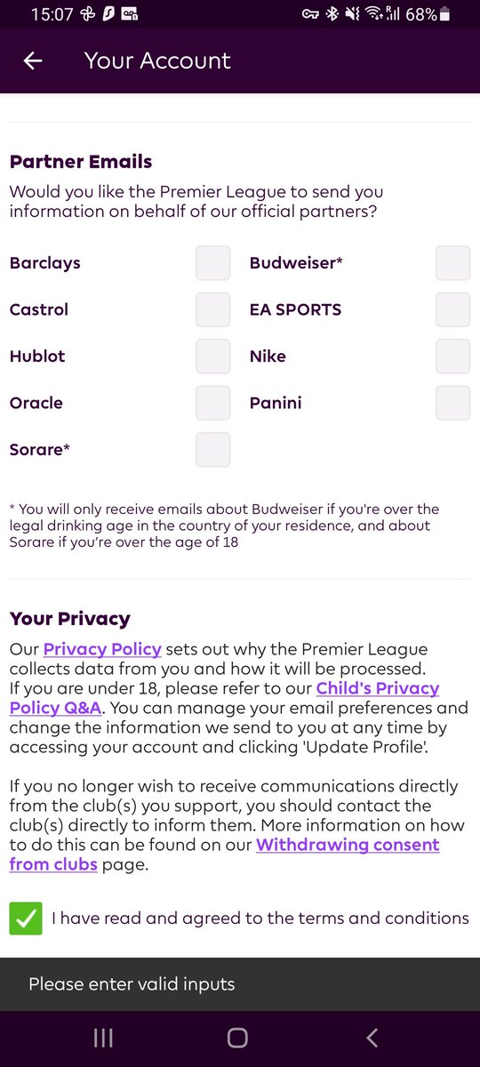 Peter__Gibbs's tweet photo. @OfficialFPL The app is asking me to confirm my preferences but won't let me past this stage. Is there some sort of bug? I don't want to sign up to any emails https://t.co/ghx0Hw8az8