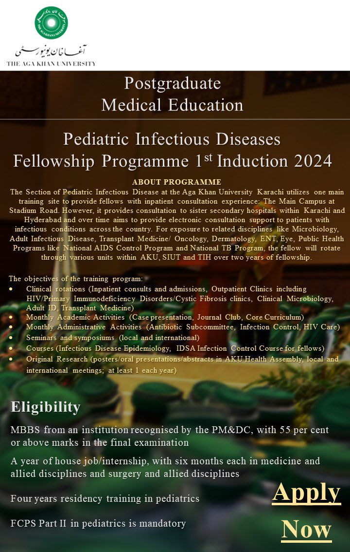 Peds infectious disease fellowship <a href="/AKUGlobal/">Aga Khan University</a> -Accepting applications for 2024. Click on link👇
aku.edu/mcpk/fellowshi…