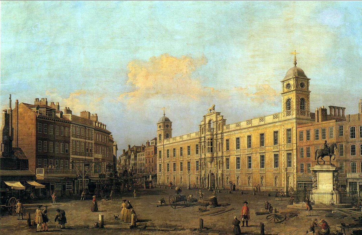 oldlondonnow's tweet photo. Northumberland House Strand #London 1752.
#Canaletto 
(Private Collection)  

Northumberland House demolished 1874.

On the left - Golden Cross Hotel &amp; Coach Office cleared to create Trafalgar Square 1830.

Equestrian statue of Charles I remains in the same position today. https://t.co/W6uNmSthI8
