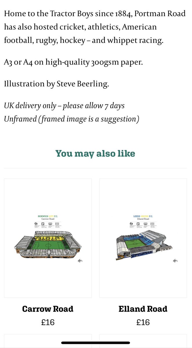 Very much looking forward to the arrival of this #itfc Portman Road print via @WSC_magazine The “You may also like….” algorithm may need a bit of tweaking though…