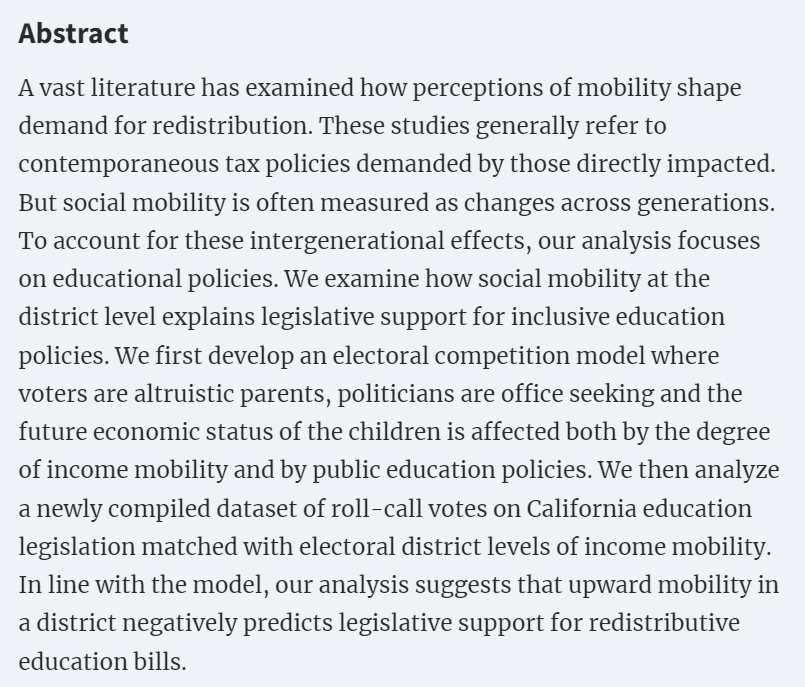 It's great to see this joint-work with Luna Bellani and Vigile Marie Fabella published. It examines how social mobility at the district level explains legislative support for inclusive education policies. #SASE_SER academic.oup.com/ser/advance-ar…