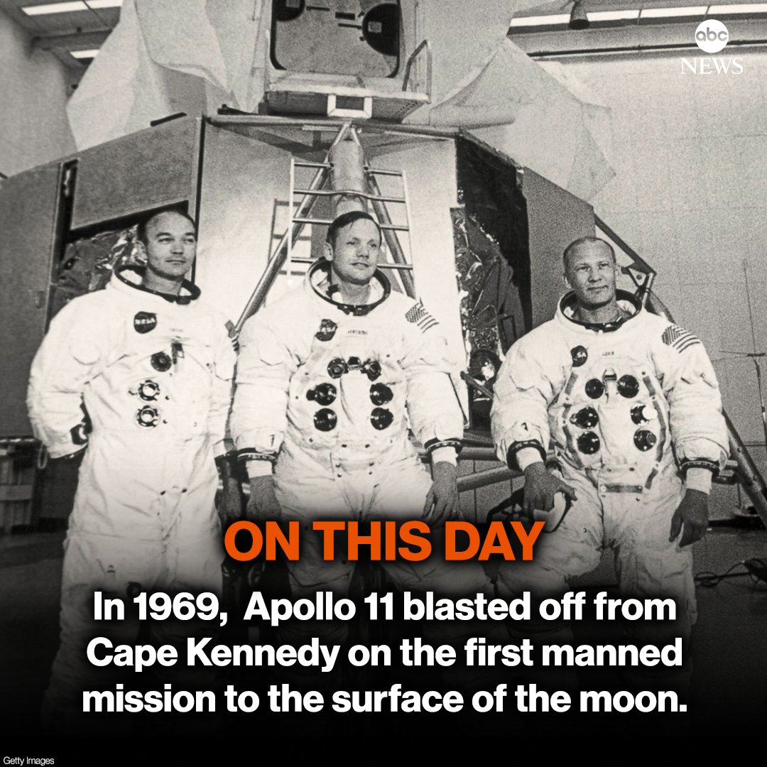 ABC's tweet image. ON THIS DAY: In 1969, Apollo 11 blasted off from Cape Kennedy on the first manned mission to the surface of the moon. trib.al/Q7CfDSs
