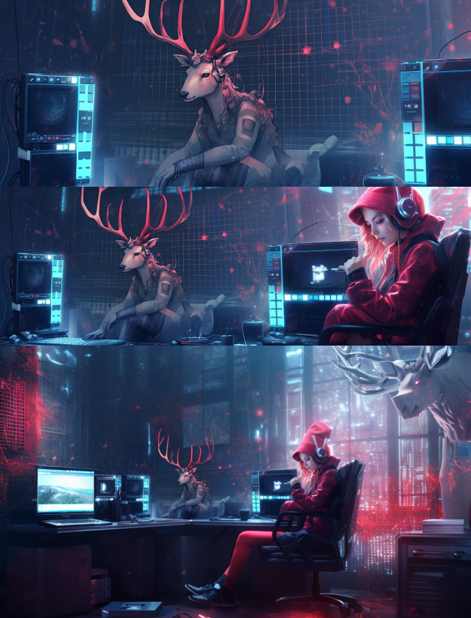 Cyber-Stag, Neon Beats, and Lady in Red.
#midjourney #AIart #cyberpunk https://t.co/RcXhHWLzKw