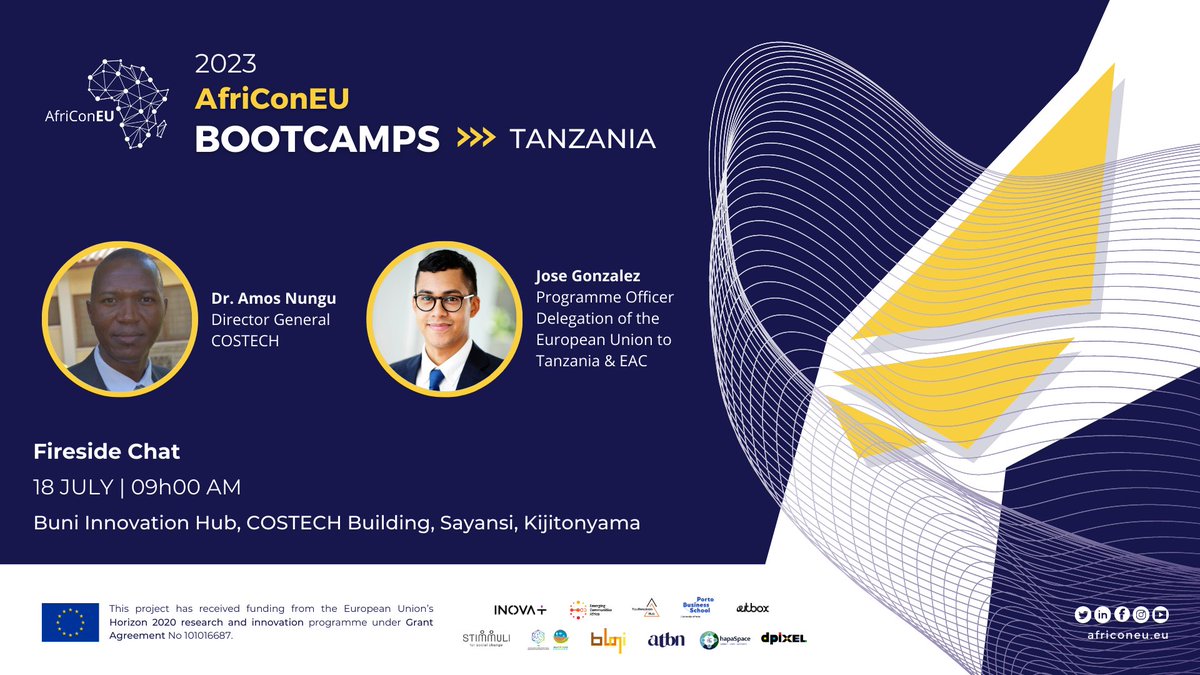 Join us at the AfriConEU Bootcamp in 🇹🇿 #Tanzania &amp; enjoy the fireside chat w/ <a href="/nungujr/">Nungu, A.</a>, Director General, <a href="/costechTANZANIA/">COSTECH</a>  &amp; Mr. Jose Gonzalez, Program Officer, <a href="/EUinTZ/">EU in Tanzania</a>  &amp; EAC.

🗓️ 18 July | 09h00 AM
📍<a href="/bunihub/">BUNI</a>

👉🏽 ecs.page.link/VBKwg

#AfriConEU #AfriConEUBootcamps
