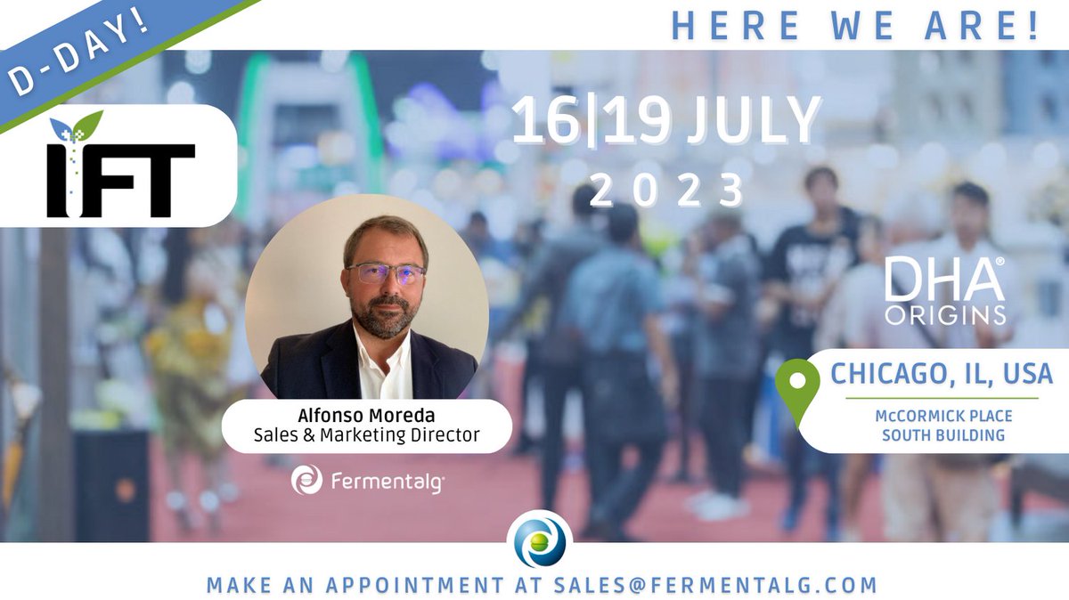 📢 Interested in Algal Omega-3?

@FERMENTALG is currently present at the 2023 IFT FIRST in Chicago, Illinois!

👉 McCormick Place – Chicago, Illinois, USA
📅 July 16 to 19, 2023
✉  sales@fermentalg.com

#IFTFIRST #DHA #DHAORIGINS #FERMENTALG #AlgalOmega3 #omega3