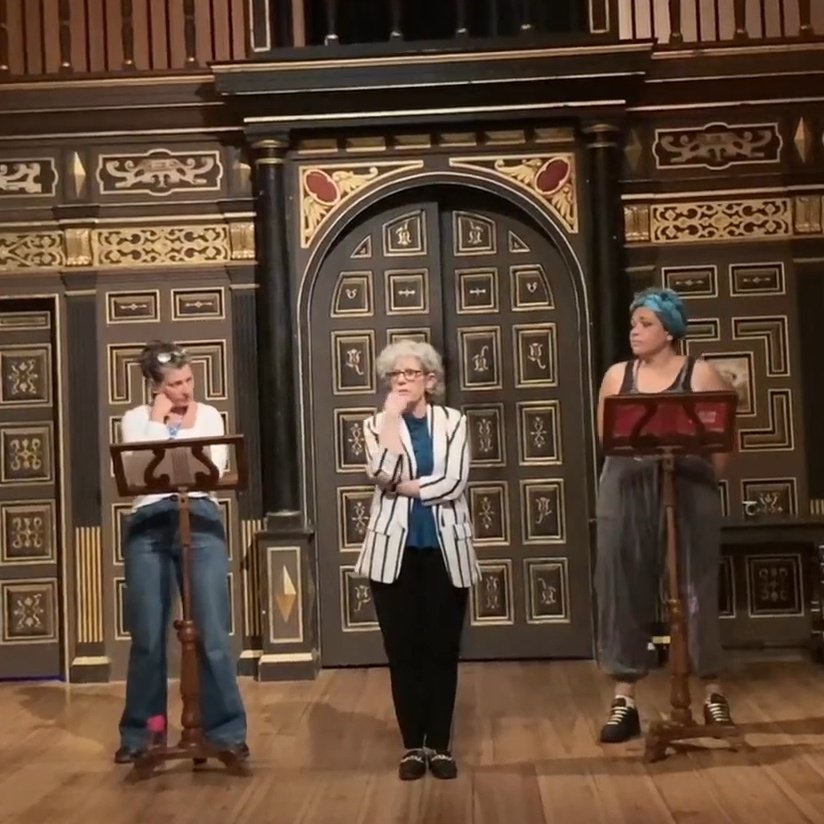 MxBenSpiller's tweet photo. Polly, Lue, Sam - artists, thinkers, enablers, collaborators, change makers, leaders - in front of an audience at @The_Globe reading, sharing, listening, answering, questioning, inspiring. Oh yes. @PlayOnShakes @1623theatre #ResearchInAction #TryItInTranslation #1623learning https://t.co/QmSkh5cEoI
