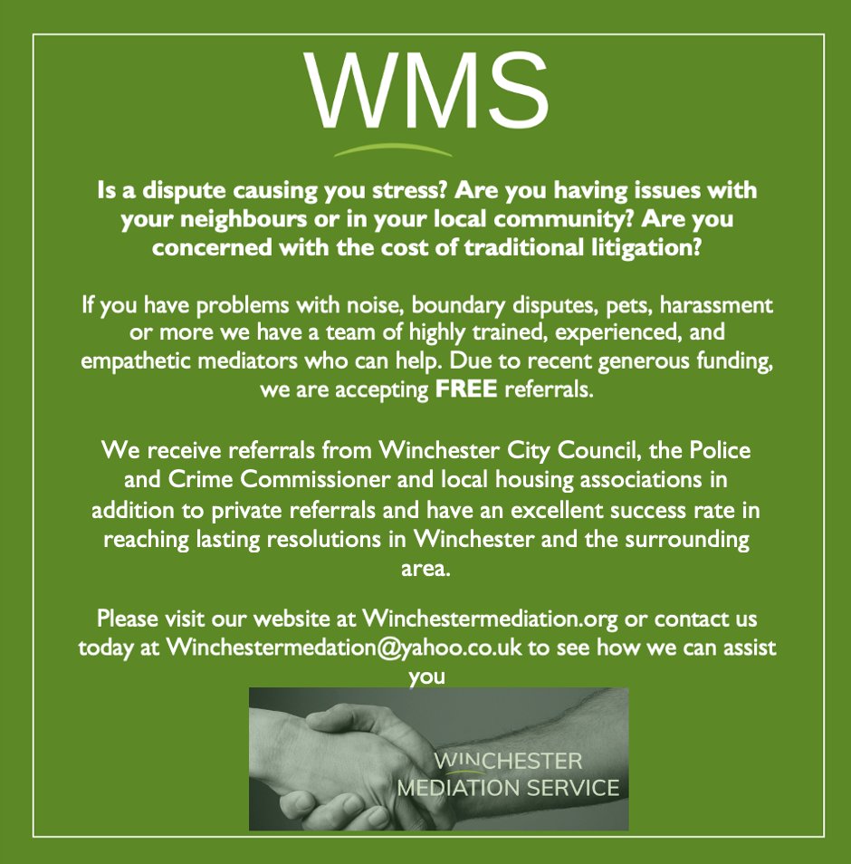 CFWinchester's tweet photo. WINCHESTER

Winchester Mediation Service is here to help if a dispute is causing you stress!

https://t.co/sWcGdnD6w7 https://t.co/yHhj3M5CLG