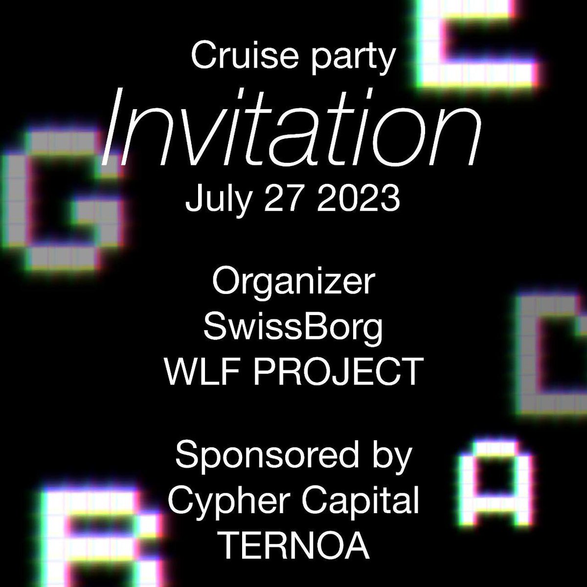WLF PROJECT (@wlf_project) on Twitter photo ⛴VIP YACHT PARTY⛴
✨Giveaway✨
in collab with <a href="/swissborg/">SwissBorg</a> <a href="/Ternoa_/">Ternoa 2.0</a> <a href="/cypher_capital/">Cypher Capital</a>
WLF is hosting a special Yacht party in Tokyo🗼
Founders, KOLs, Investors, and Crypto Enthusiast.
We welcome you all to beat the heat together🔥
⏰7.27 19.00 - 21:00
👬 Invitation Only (100 ⛴VIP YACHT PARTY⛴
✨Giveaway✨
in collab with <a href="/swissborg/">SwissBorg</a> <a href="/Ternoa_/">Ternoa 2.0</a> <a href="/cypher_capital/">Cypher Capital</a>
WLF is hosting a special Yacht party in Tokyo🗼
Founders, KOLs, Investors, and Crypto Enthusiast.
We welcome you all to beat the heat together🔥
⏰7.27 19.00 - 21:00
👬 Invitation Only (100